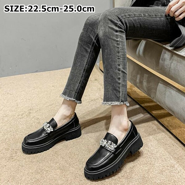 送料無料 ローファ レディース 厚底 チャンキーヒール ラウンドトウ パンプス レディース 痛くない 歩きやすい アーモンドトウ 黒 おしゃれ 靴 歩きやすい 合成皮革 パンプス レディース 靴 広幅 きらきら ビジュー付 ビット モカシンシューズ 疲れにくい Wloczypies Pl
