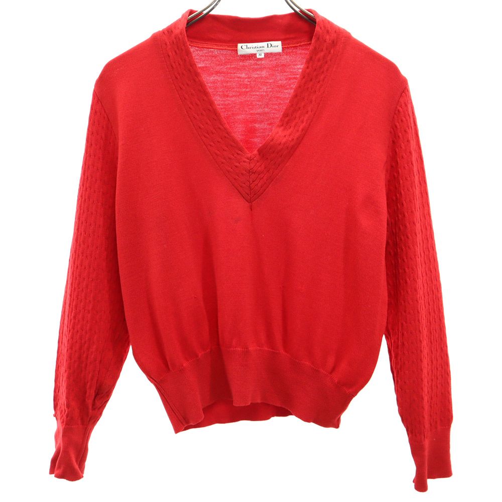 クリスチャンディオール　ニット　セーター　ロゴ　総柄　紺　赤　M　長袖　ウール クリスチャン・ディオール Christian Dior オブリーク総柄長袖ニット