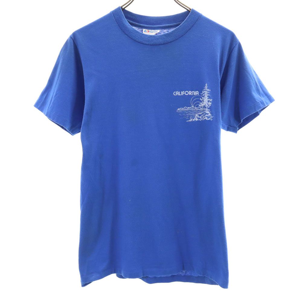 F327【Hanes】半袖プリントTシャツ【L42-44】 Sステッチ ヘインズ 90s オールド USA製 半袖 Tシャツ L42-44 ブルー系