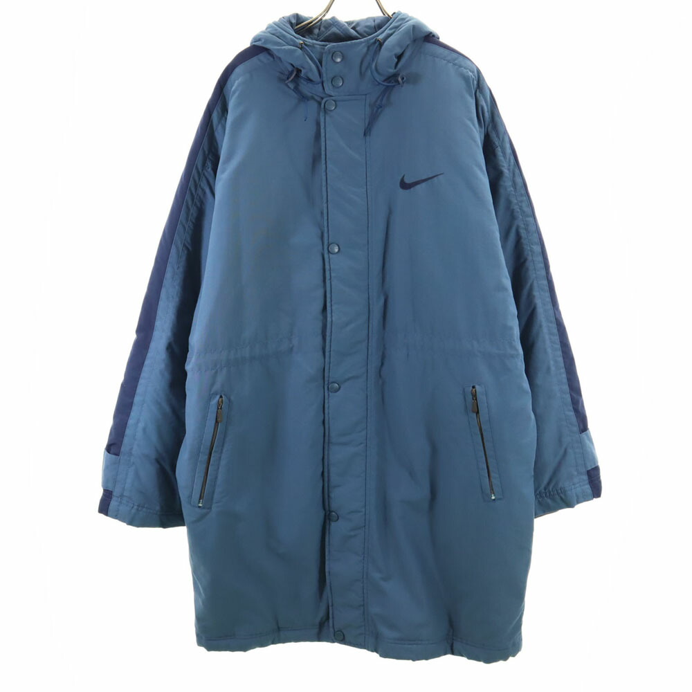 90s NIKE ベンチコート ロング 白 黒 スオッシュ L 裏ボア 古着 ベンチコート ロング 中綿 裏ボア フード M グレー（2023/04/06