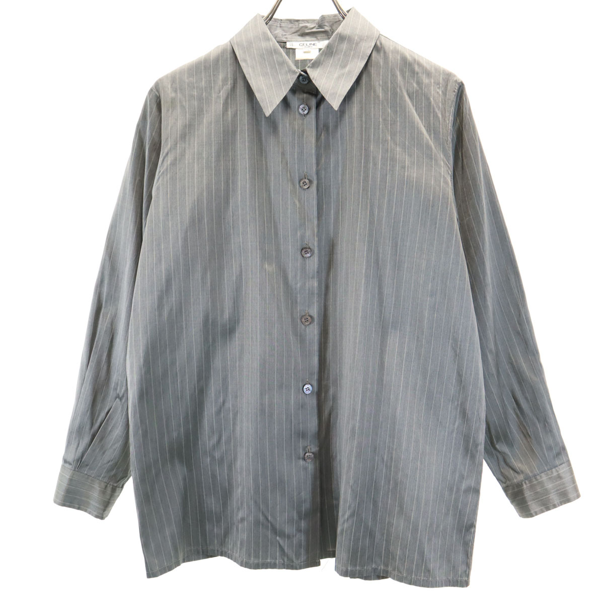 CELINE セリーヌ 90s オールド フランス製 ストライプ柄 長袖 ボタンダウンシャツ 42 グレー レディース jkt-404_001.jpg