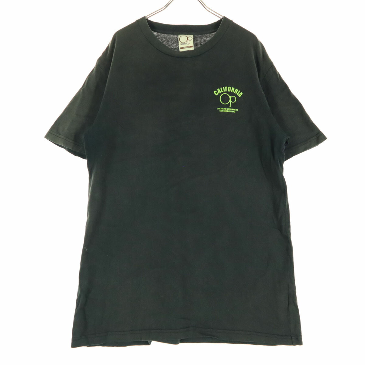 USA製 ヴィンテージ オーシャンパシフィック クロップドTシャツ 蛍光 黄緑 古着 80s USA製 OP Ocean Pacific 魚×人 ポップ アート オールド