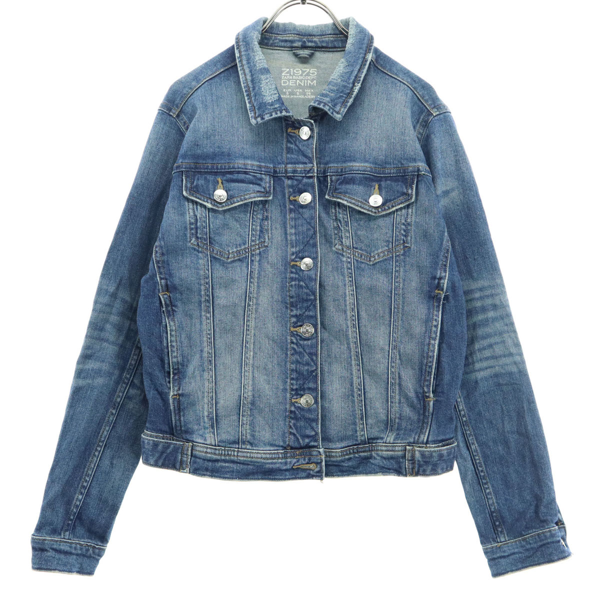 【新品】ZARA ノーカラー　ジャケット　金ボタン　デニム　ステッチ　L 新品】ZARA ノーカラー ジャケット 金ボタン デニム ステッチ L