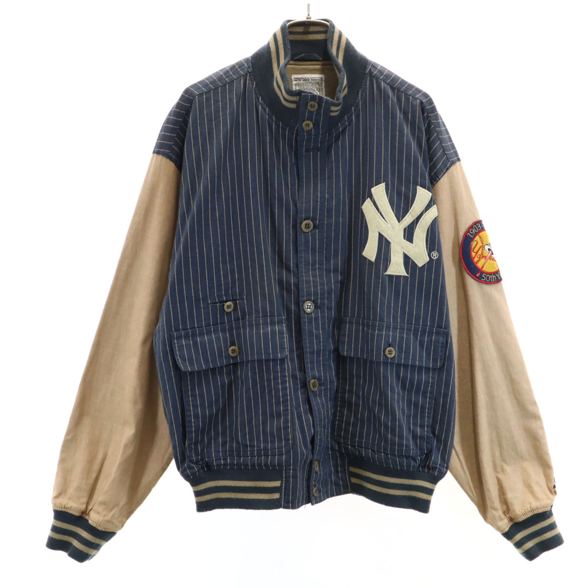 古着 COOPERSTOWN クーパーズタウン コットンリネンブレンド ストライプ柄 ニューヨークヤンキース スタジャン M ネイビー系 バック刺繍 メンズ 【中古】｜古着、USED専門百貨店BIG2nd