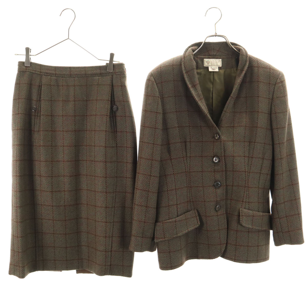 古着 GUCCI グッチ 80s イタリア製 羊毛 ヴィンテージ 年寄りの 照合のしるし柄 スコート背広 上下 セットアップ 46 緑であること系 レディース 【中古】 【PD】