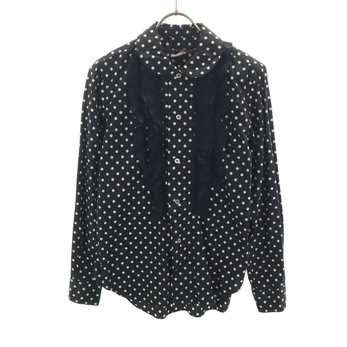 古着 COMME des GARCONS コムデ給仕 2010年 日本製 点点柄 長袖 フラウンス トップ S 黒いこと 水玉 プルオーバー レディース 【中古】