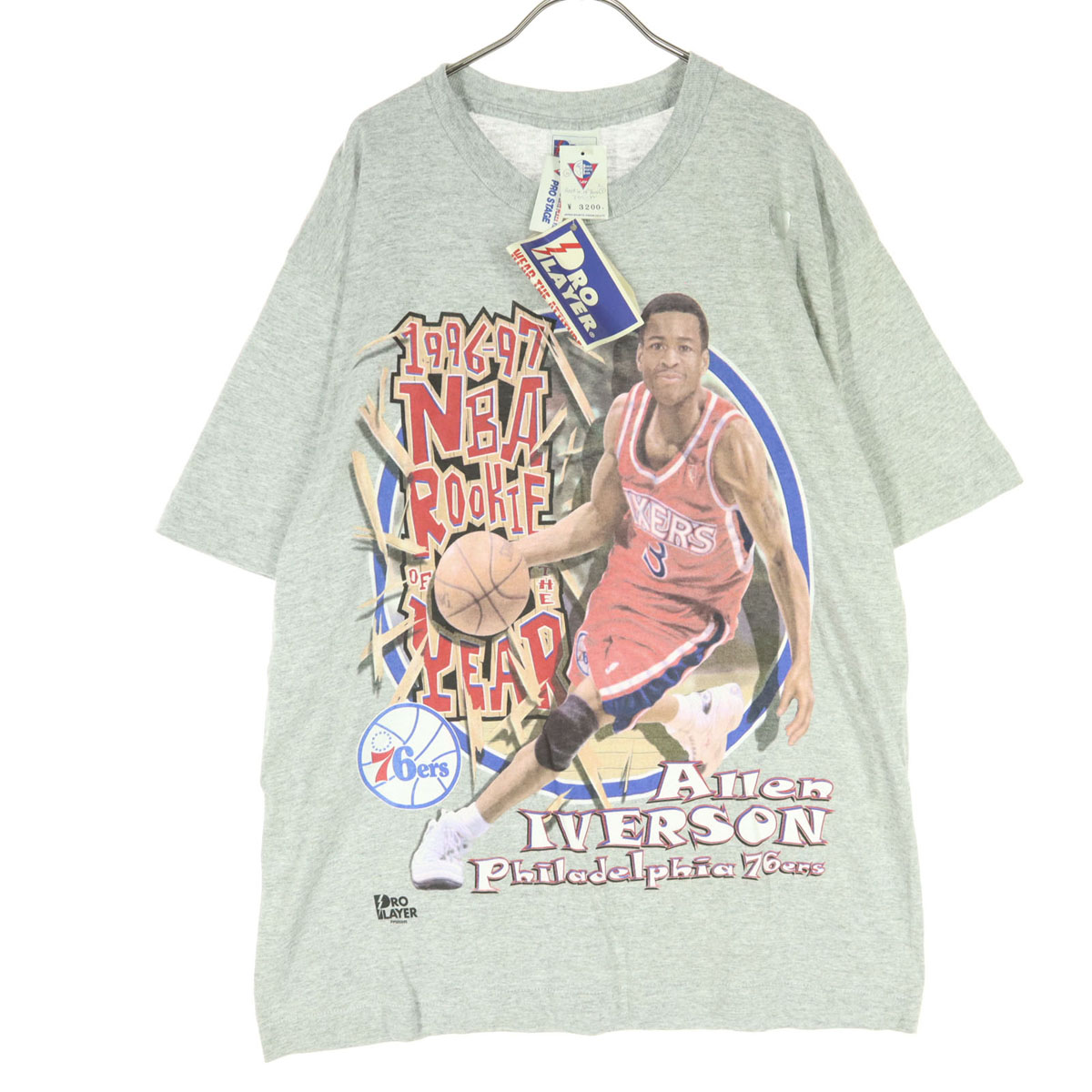 古着 PRO STAGE ワールドスポーツプラザ プロステージ 90s USA製 オールド バスケプリント 半袖 アレン・アイバーソン Tシャツ L ライトグレー デッドストック シングルステッチ メンズ 【中古】｜古着、USED専門百貨店BIG2nd