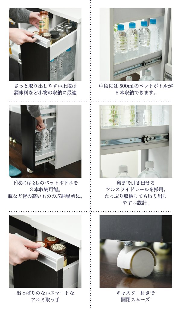 隙間収納 ラック キッチンの小さな隙間にもすっぽり収まってデッドスペースを有効活用 スリム設計ながらも500mlのペットボトル5本 2lのペットボトル 3本を収納できます キッチン 隙間収納 幅18 キッチン収納 奥行40 ペットボトル キッチンストッカー 3段 スリム 調味料