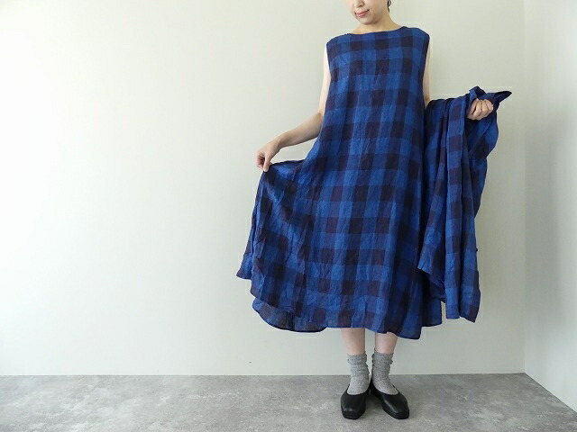レディースファッション ワンピース Ichi イチ インディゴリネンチェックノースリーブワンピース 1226 最高の Vmsmedia In
