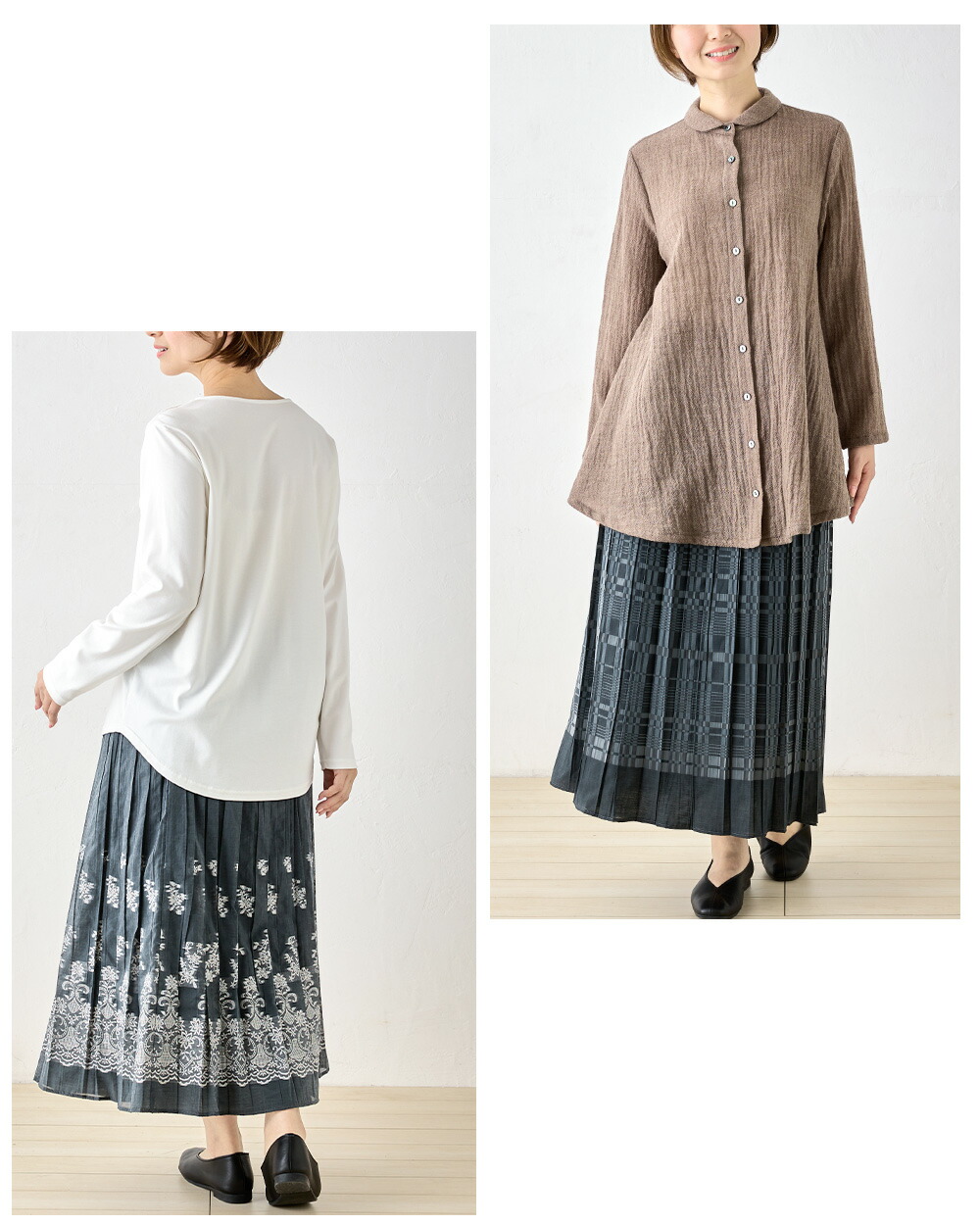 与え 日本製 米沢織 希少価値 プレミアム素材 スカート プリーツスカート リバーシブル 両面 可愛い ロング丈 上品 チェック柄 ストライプ柄 体型カバー リバーシブルスカート 総ゴム 春 夏 秋2色展開 Jf Bagochile Cl