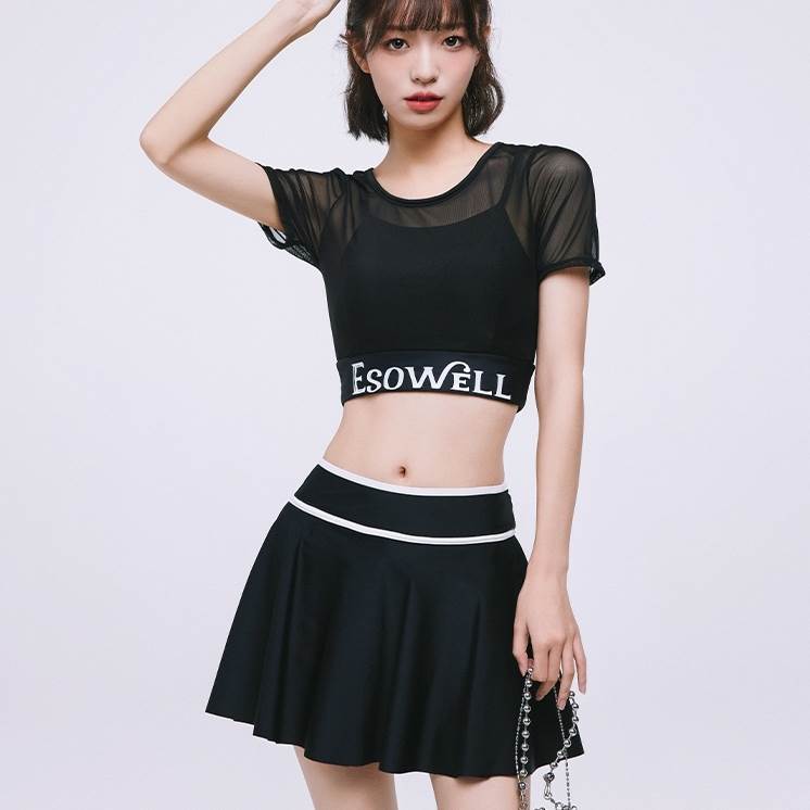 スイムウエア 水着 セパレート水着 半袖 ラウンドネック ハイウエスト スカート 洋服みたい シースルー 可愛い かわいい 大人可愛い レトロ シンプル カジュアル 大人 おしゃれ お洒落 大人女子 こなれ感 キュート スポーティー ロゴ入り 無地 個性的 主役級 存在感