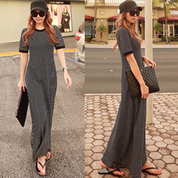 ワンピース ロングワンピース Tシャツワンピース クルーネック ロング丈 フレアスカート かわいい 大人可愛い きれいめ シンプル 上品 おしゃれ カジュアル こなれ感 個性的 主役級 存在感 抜け感 春 夏 ベーシック ナチュラル クール メンズライク ボーダー柄 女性用｜SPARKJOY レディースファッション