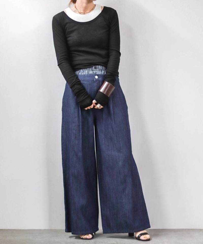 レディース パンツ ボトムス デニムパンツ ロング フルレングス ワイド ストレート タック ポケット コンサバ アメカジ デニム ブルーデニム 薄手 大人可愛い シンプル カジュアル おしゃれ こなれ感 ラフ ルーズ 主役級 存在感 抜け感 ゴシック 都会的 カレッジ風