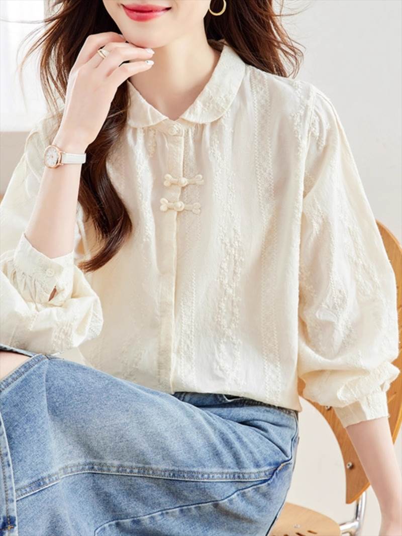 レディース トップス シャツ ブラウス 前開き ショート 7分袖 長袖 Uネック 襟付き 丸襟 細身 フェミニン レース 刺繍 前開き 2way レースアップ 透け感 薄手 綿 かわいい 大人可愛い シンプル カジュアル おしゃれ レトロ アジアン エスニック ガーリー 個性的 抜け感|SPARKJOY レディースファッション