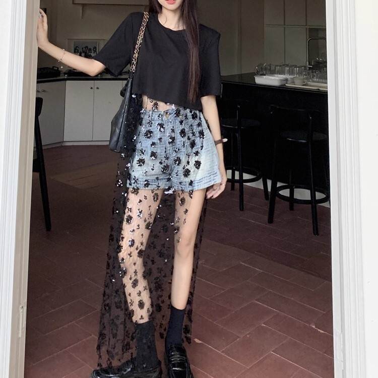 レディース トップス ロング 半袖 ラウンドネック チュール 透け感 切り替えデザイン かわいい 大人可愛い きれいめ シンプル カジュアル 上品 おしゃれ かっこいい レトロ アジアン エスニック エキゾチック こなれ感 ラフ ガーリー ルーズ 個性的 クール モード系
