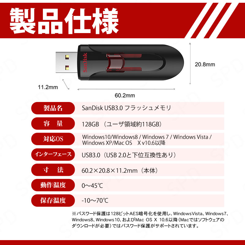 爆安プライス USBメモリ 128GB SanDisk サンディスクCruzer Glide USB3.0対応 超高速 SDCZ600-128G-G35  海外パッケージ bactro.com