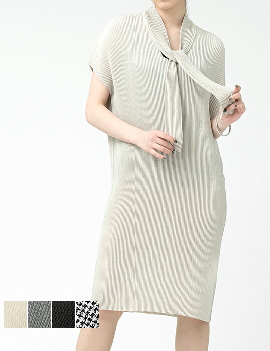 楽天市場 Specchio 公式店 スペッチオ シャトルプリーツ ボー付 ワンピース レディース 半袖 フォーマル ゆったり きれいめ 大人カジュアル 洗える 春 夏 秋 冬 40代 50代 60代 S M L Xl サイズフリー 大きいサイズ ブラック グレー ベージュ 千鳥格子 送料無料