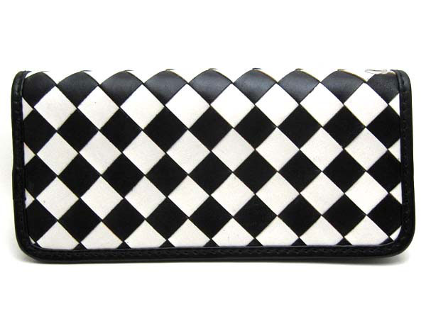 CHECKER LONG WALLET（チェッカーロングウォレット）WHITE &times; BLACK ライダースウォレットバイカーウォレットトラッカーウォレットロングウォレット長財布サイフさいふレザー本革皮牛革白黒市松模様格子柄編込みメッシュイントレチャート｜SPEED ADDICT 店