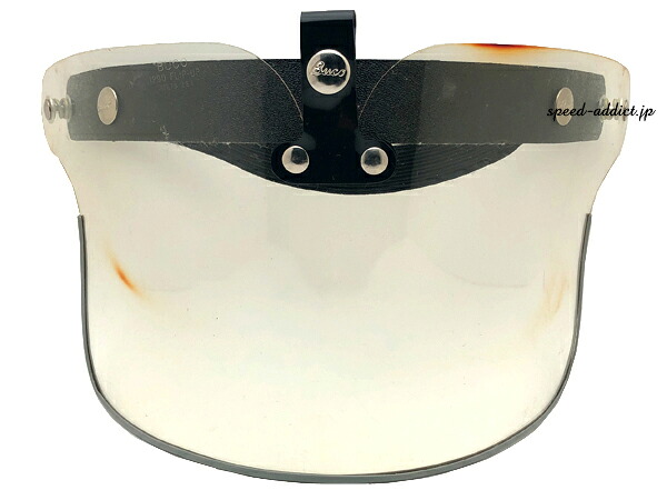 60's VINTAGE BUCO TRIM FLIP UP SHIELD(60sビンテージブコトリムフリップアップシールド)CLEAR 【海外直輸入中古品】クリア 透明 汎用 ヘルメットシールド ジェットヘルメット ハーフヘルメット 3スナップ 防風 防塵 防寒 防雨｜SPEED ADDICT 店