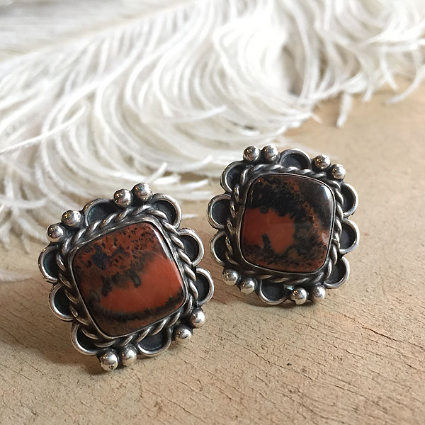 PetrifiedWood Silver Earrings（ペトリファイドウッド シルバーイヤリング） indian jewelryピアスインディアンジュエリーネイティブアメリカンアンティークアクセサリー珪化木ウッドストーン天然石オレンジブラウンナバホ族navajo