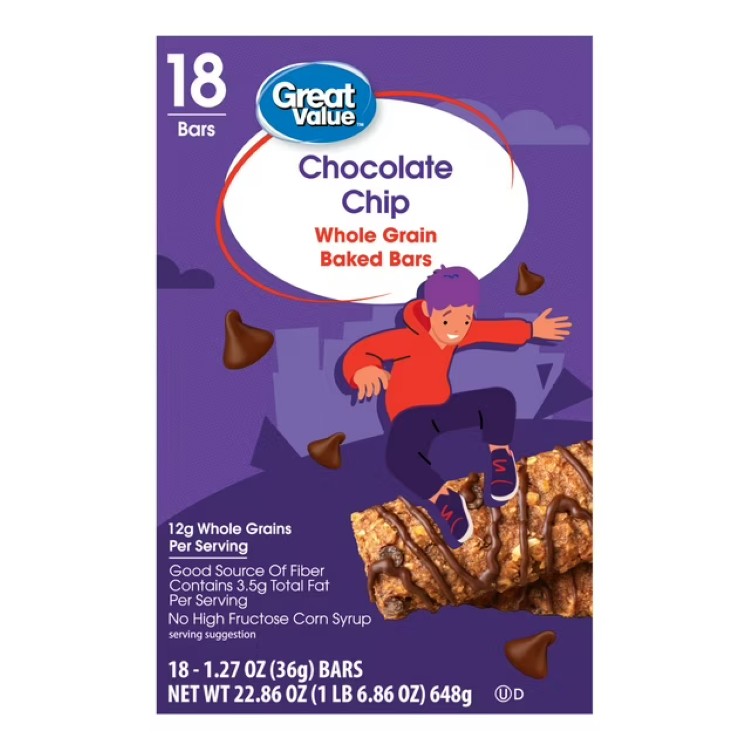 【ウォルマートブランド】グレートバリュー チョコチップ 全粒粉ベイクドバー 36g 18本入 Great Value Chocolate Chip Whole Grain Baked Bars, 1.27 oz, 18 Count 【お取り寄せ商品】