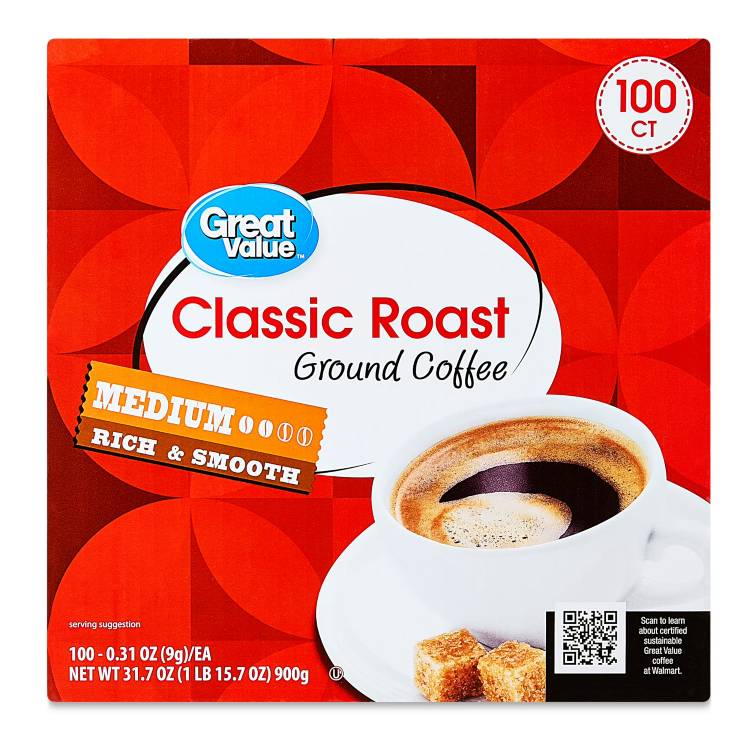 グレートバリュー クラシック ミディアムロースト グラウンドコーヒーポッド 100個入り Great Value Classic Medium Roast Ground Coffee Pods, 31.7 oz, 100 Count 【お取り寄せ商品】｜アメリカサプリ専門スピードボディ