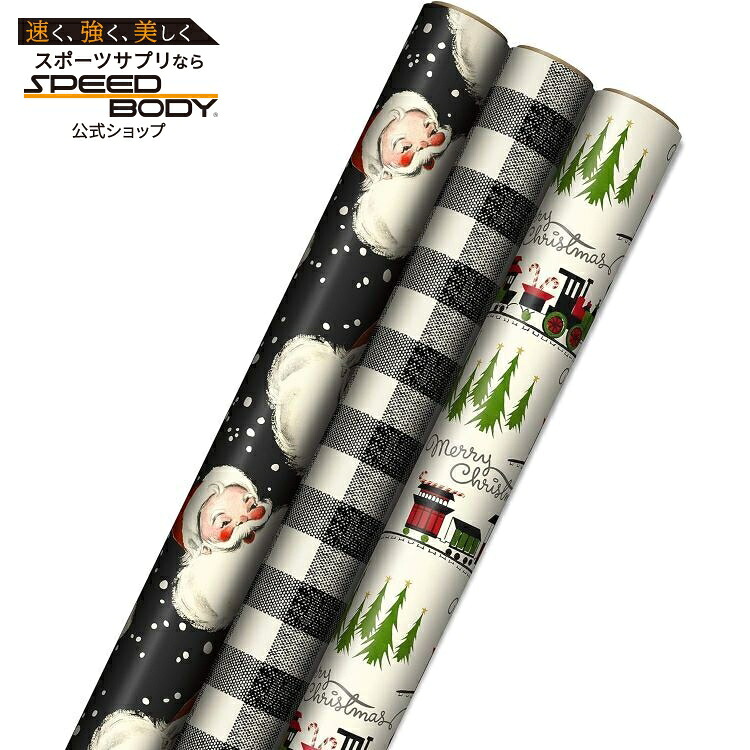 ホールマーク ブラッククリスマス ラッピングペーパー 3枚セット Hallmark Black Christmas Wrapping Paper with Cut Lines on Reverse retro santa【お取り寄せ商品】【合わせて買いたい】