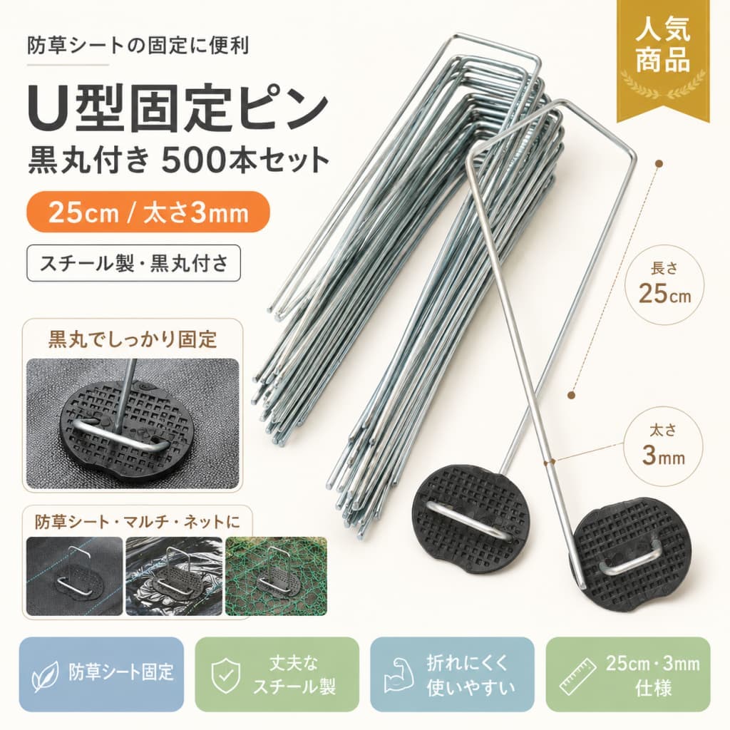【期間限定★最大1,000円OFFクーポン配布中】固定用ピン 25cm 500本セット 防草シート U型ピン 黒丸付き 太さ3mm スチール PP 押さえピン U型杭 固定ピン 除草シート 人工芝 不織布 マルチ ネット 固定用 留め具 園芸 農業｜SpeedDragon