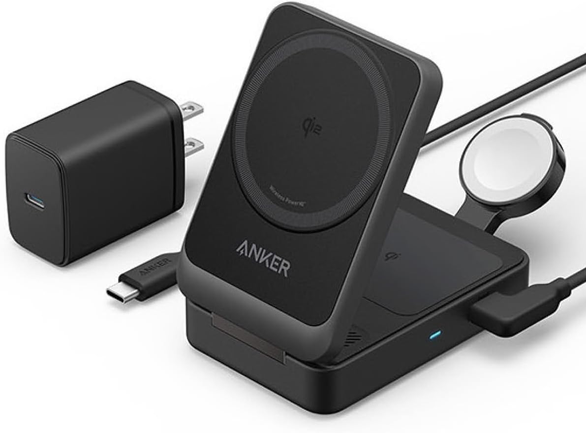 【新品】１週以内送りとどける【黒いこと】Anker MagGo Wireless Charging Station (Foldable 3-インチ-1) Qi2相応う 磁石式 3-インチ-1 無線電話申し受けるステイション/無線電話最終生産物/Apple Watch保持者付 iPhone MagSafe相応う iPhone 16 / 16 Pro / 16 Pro Max / 15 / 14 / 13