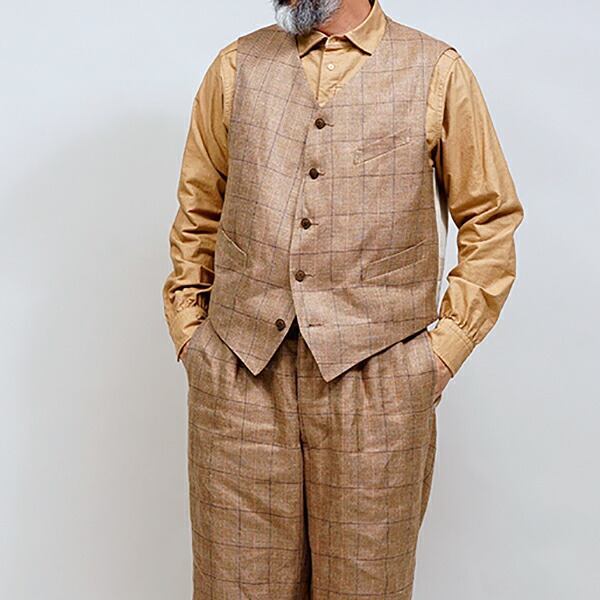 ナイジェル・ケーボン OX'ED SILVER RANCH WORKER VEST HEMP LINEN CHECK BROWN NIGEL CABOURN