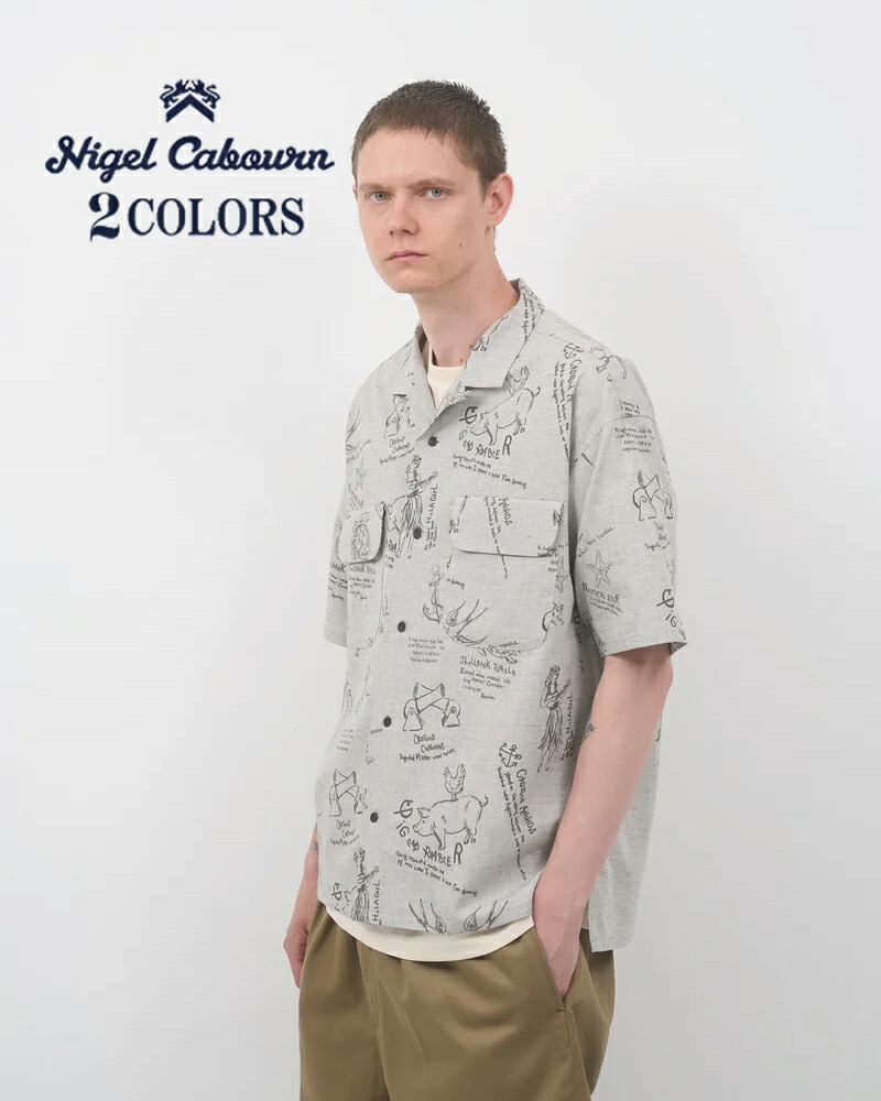 ナイジェル・ケーボン OPEN COLLAR SHIRT SHORT SLEEVE TATTOO PRINT 2 COLORS 半袖シャツ シャンブレーシャツ NIGEL CABOURN ｜SPEEDWAY