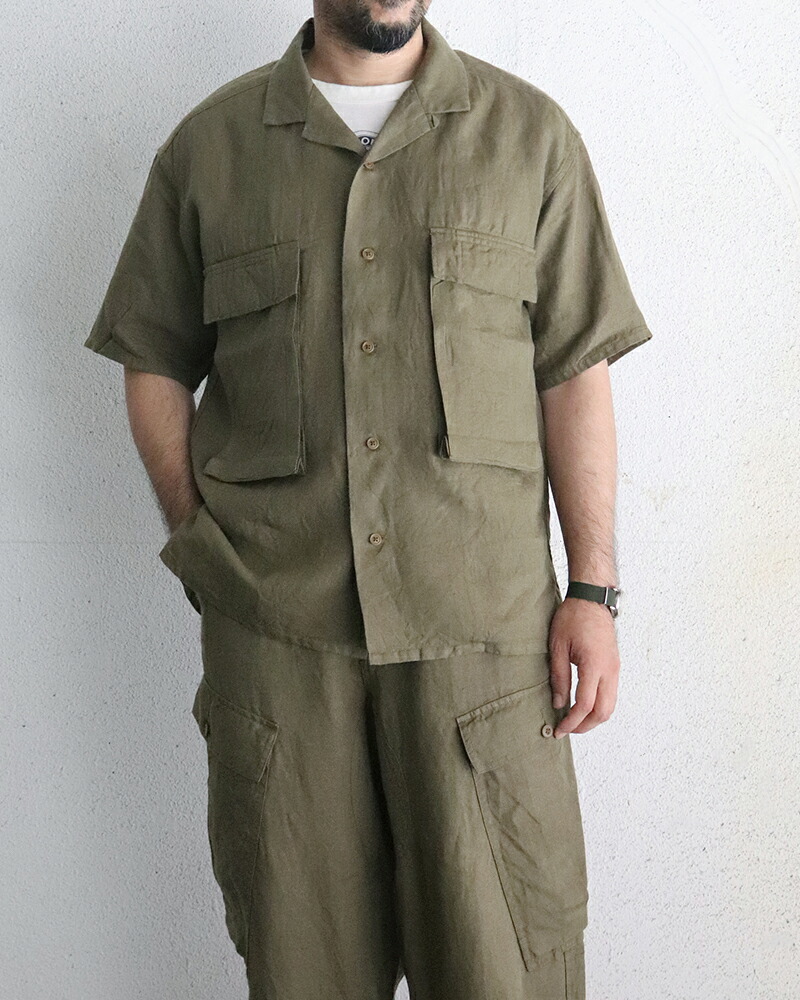 ナイジェル・ケーボン ARMY SHIRT S/S LINEN HERRINGBONE GREEN 半袖 リネンシャツ NIGEL CABOURN |SPEEDWAY