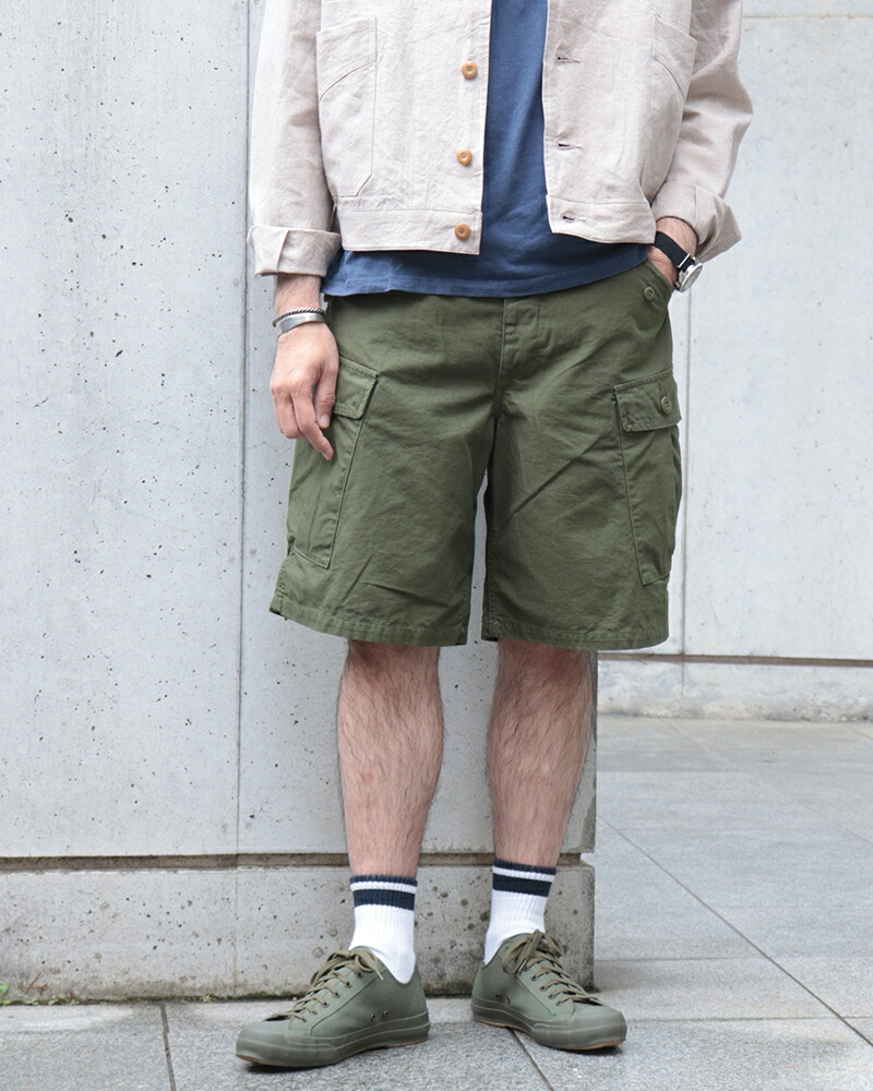 フリーホイーラーズ (SIZE: W30-W36) JUNGLE FATIGUES TROPICAL TROUSERS CUT-LENGTH VINTAGE STYLE RIP-STOP OLIVE カーゴショーツ FREEWHEELERS