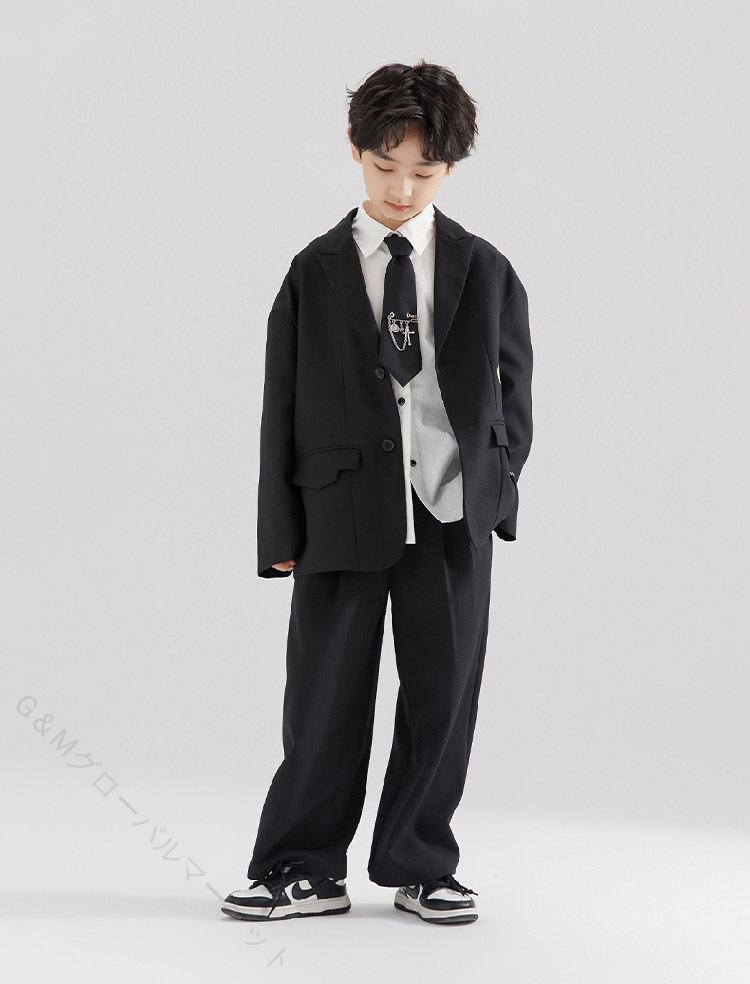 キッズフォーマルスーツ 男の子卒業式スーツ 160cm 韓国風制服 小学生卒服 ブレザーセット 入学式スーツ ピアノ発表会用 七五三スーツ ジュニアフォーマル ネクタイ付き ダンス衣装 子供用スーツ 大きいサイズ 150-170cm なんちゃって制服 4点セット 結婚式用 黒スーツ 白シ