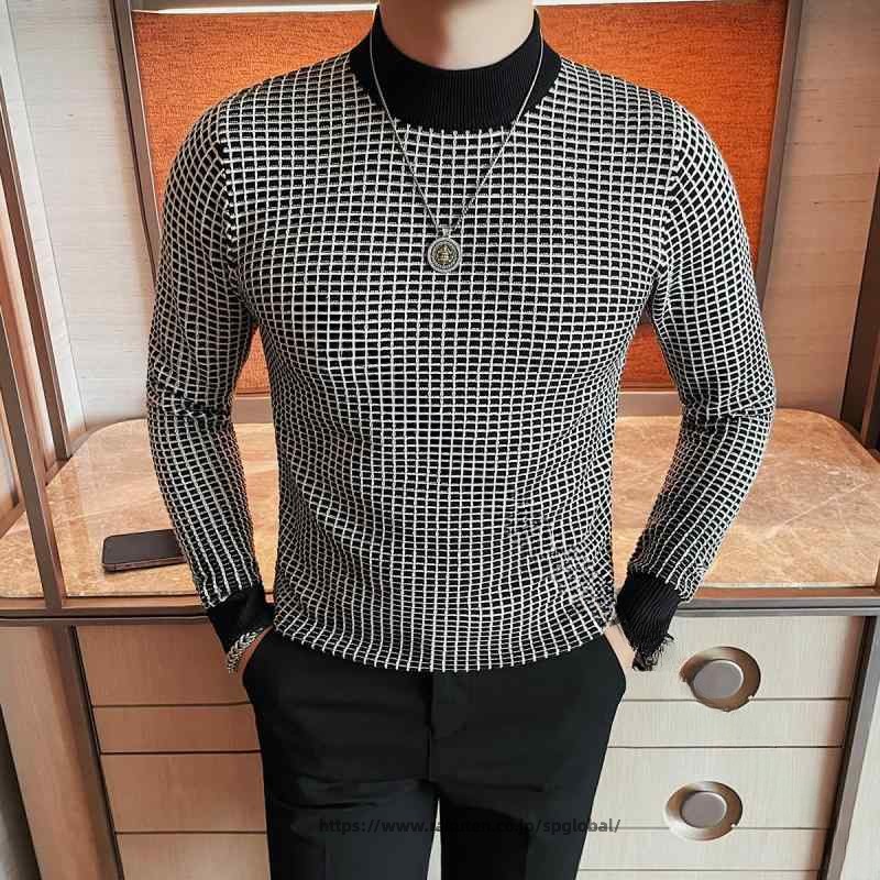 春 コーデ メンズ 服 シンプル ファッション オシャレ 大人 かっこいい 大きい サイズ ストリート 紳士服 カラー ブロック ハーフ タートルネック チェック柄 セーター 長袖 インナー ニット シャツ｜G＆Mグローバルマーケット