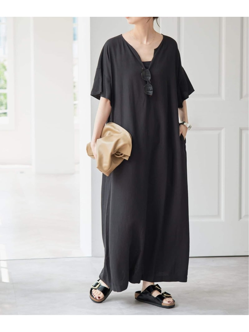 【SALE／30%OFF】フレアースリーブレーヨンリネンワンピース Spick & Span スピックアンドスパン ワンピース・ドレス ワンピース ブラック ブルー【RBA_E】【送料無料】[ Fashion]｜Spick＆Span