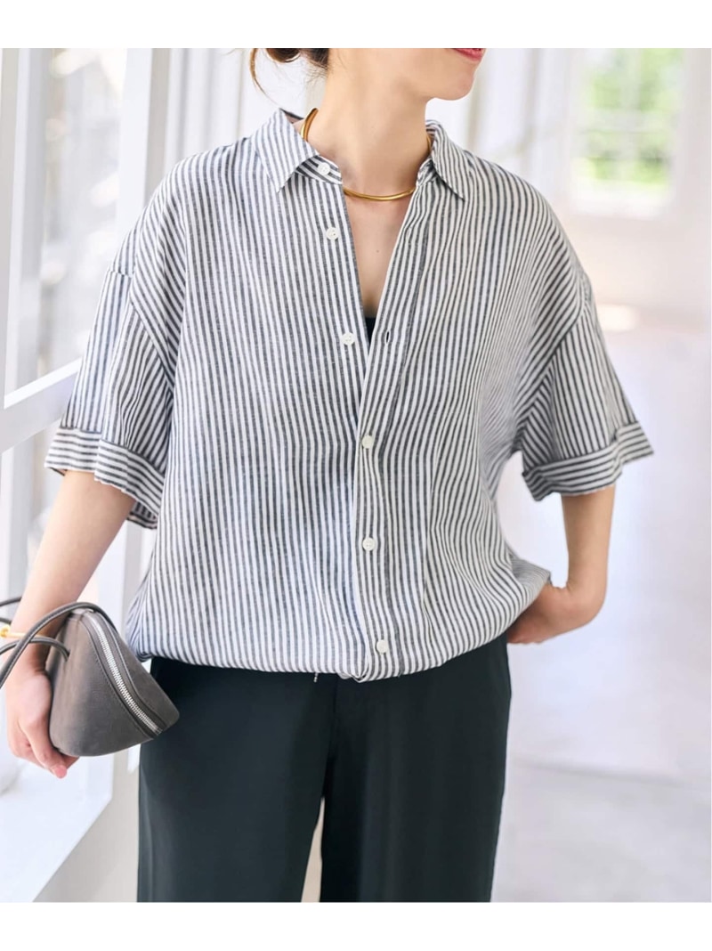 リネンブレンドハーフスリーブヘムギャザーシャツ Spick \u0026 Span スピックアンドスパン トップス シャツ・ブラウス ネイビー イエロー ブラック【送料無料】[ Fashion]