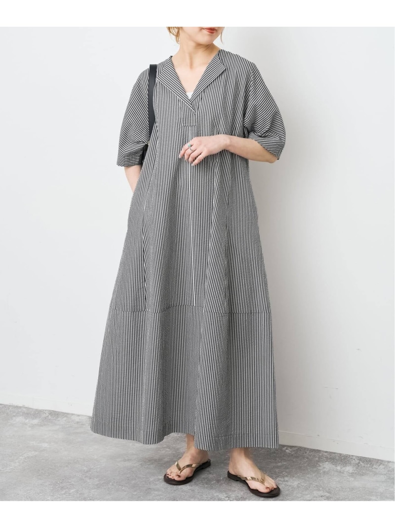《予約》パフスリーブサッカードレス Spick & Span スピックアンドスパン ワンピース・ドレス ワンピース ネイビー ブラック【先行予約】*【送料無料】[ Fashion]