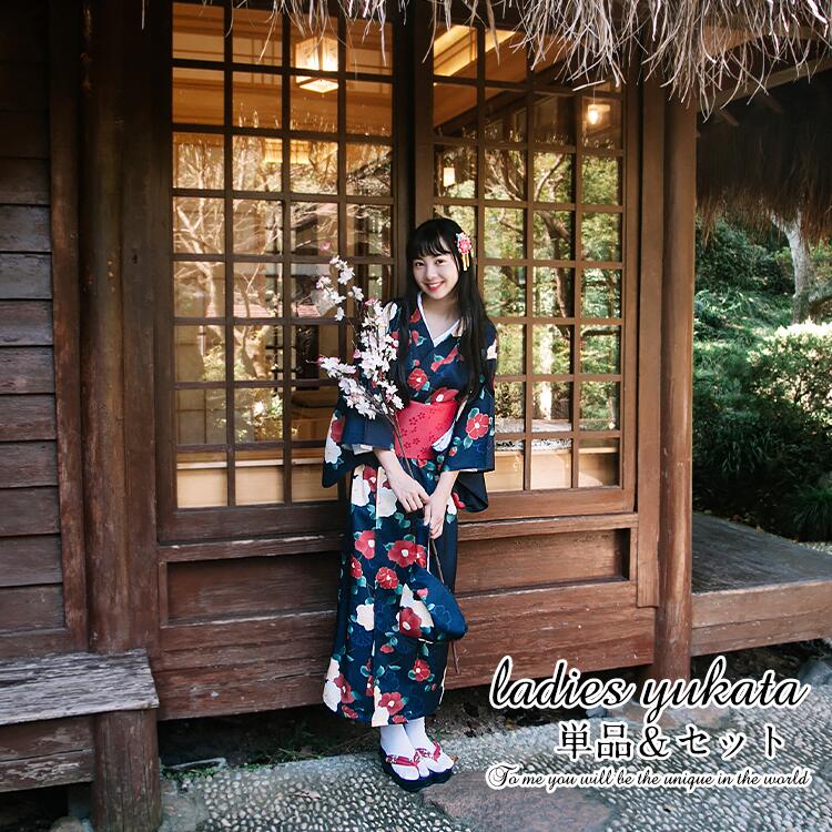 【椿柄】紺色 浴衣 ゆかた yukata レディース 女性 作り帯 セット 2点セット 女性 女の子 洗える お花見 レトロ 街着 お出かけ お稽古 ショッピング 夏祭り 文化祭 花火 高校生 大人 可愛い おしゃれ 寝巻き 盆踊り 部屋着 プレゼント 上品 綺麗 10代 20代 30代 40代 S M｜スピルホープ