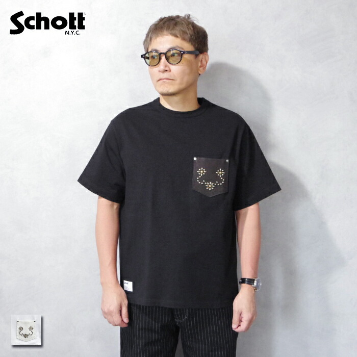 【☆】Schott(ショット) DEER STUDS T-SHIRT FLOWER/ ディアスタッズ Tシャツ フラワー　(7825134010) メンズ トップス Tシャツ 本革 コットン100 かっこいい 渋い 大人の男性｜CHIKUMA Online store