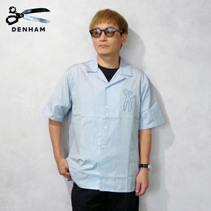 DENHAM (デンハム) SCISSOR PATCH BOWLING SHIRT CPS (1260440051/01260440051) メンズ トップス プルオーバー 刺しゅう シザーズマーク 縞模様 突き抜くプルオーバー 綿織物100 開襟