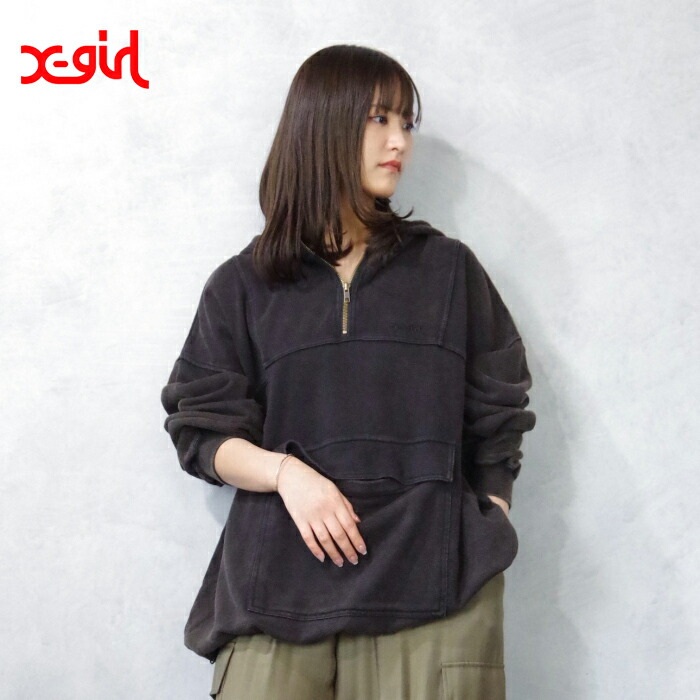 X-girl(エックスガール) ANORAK SWEAT TOP (105243012001) レディース トップス スウェット パーカー 定番 ゆったり 刺繍 ストリート 着心地 風合い 加工 ビックシルエット