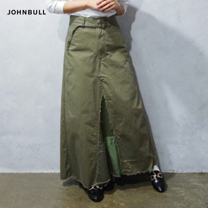 Johnbull (ジョンブル) リメイク ミリタリー スカート (JL243K07) レディース スカート シルエット カジュアル パッチワーク オリーブ 切りっぱなし ロングスカート