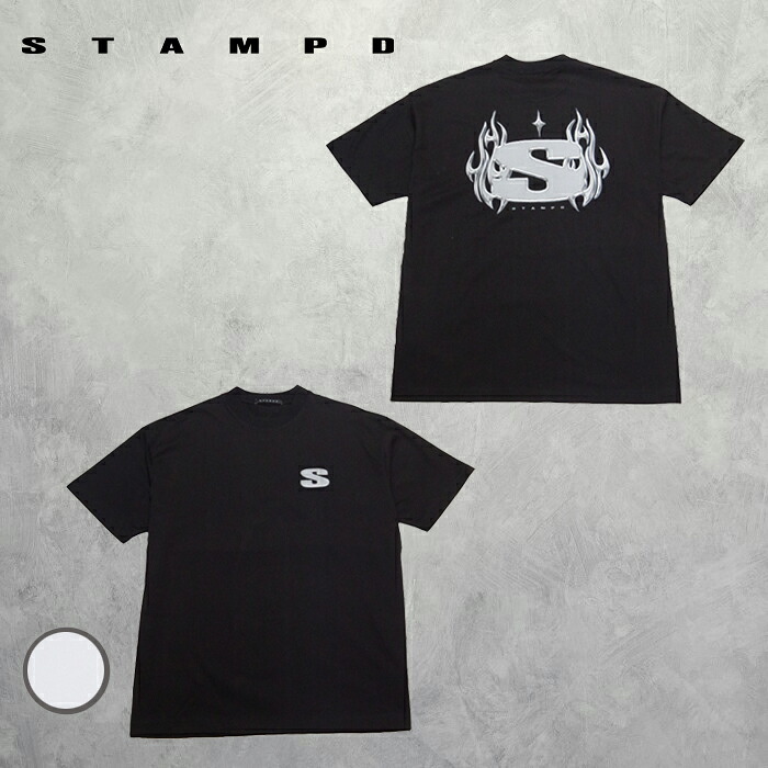 STAMPD (スタンプド) Chrome Flame Relaxed Tee (M3099TE) メンズ Tシャツ 半袖 クルーネック ロゴ インナー コットン100% 着心地抜群 カジュアル デザインプリント バックプリント ブラック ホワイト 黒 白|CHIKUMA Online store