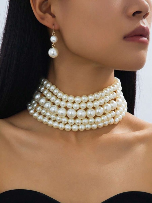 Jewelry Women's Set 1 Piece Minimalist Multi Layer Necklace, 1 Pair Pearl Earrings, 1 Set Jewelry Set - Elegant Faux Pearl Choker Necklace+Earrings Jewelry Set, Suitable for Women's Daily Life, Party, Perfect Gift