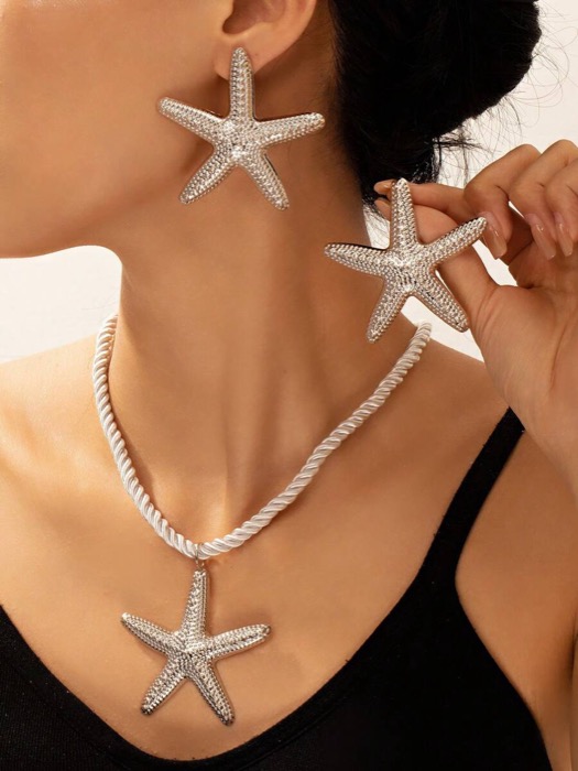 jewelry women's set summer vacation beach style silver starfish pendant necklace, custom earrings, women's jewelry set 1 set