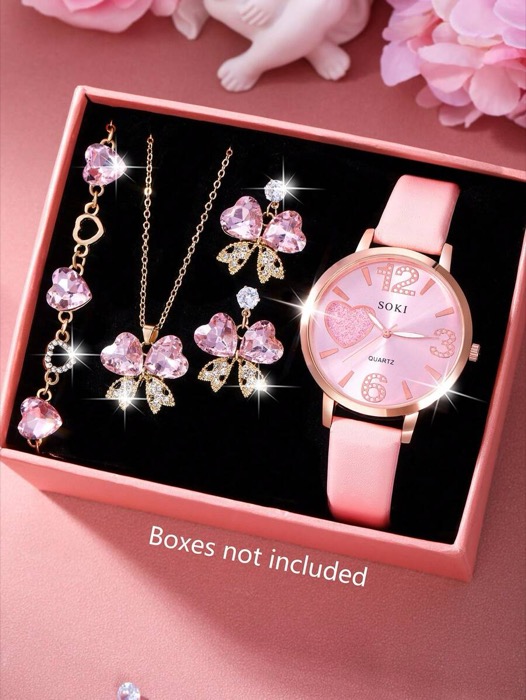 Women's Watch Set Women's Fashion Casual Round Dial Quartz Watch Elegant Luxury Cubic Zirconia Embedded Butterfly Heart Design Necklace Earrings Bracelet Jewelry Set for Everyday Use Back to School