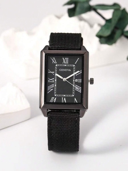 Watches Men's Quartz Watch, 1pc, Pure Black Vintage Square Luxury Watch, Black Dial with White Roman Numerals, Nylon Braided Strap, Lightweight and Breathable for Summer, Minimalist Premium Men's Accessory, Valentino