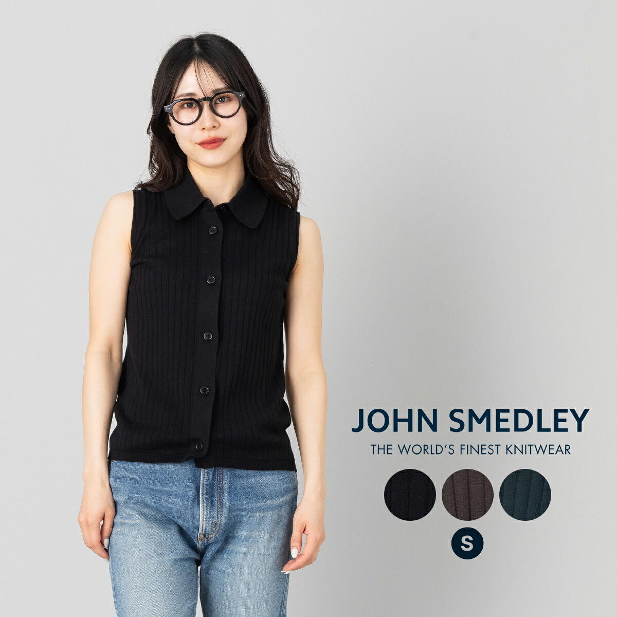 【日本別注】【正規取扱い販売店】ジョンスメドレー JOHN SMEDLEY リブノースリーブ襟付きニットトップス レディース 30G 30ゲージ シーアイランドコットン 綿 カジュアル ワイドリブ 袖なし ボタン きれいめ おしゃれ 天然素材 S4744