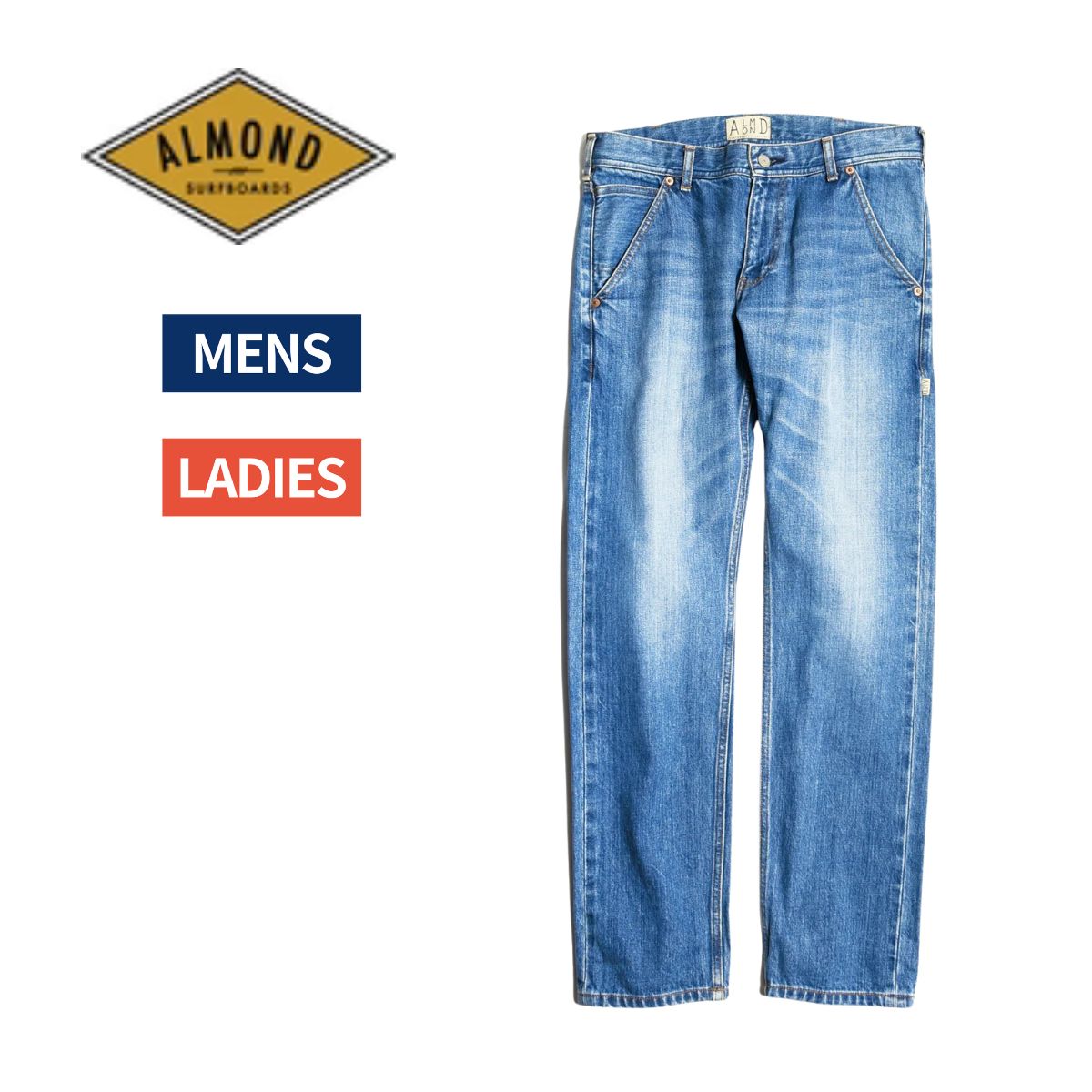 アーモンドサーフボードデザイン Almond Surfboards&Design ALMOND ORGANIC DENIM USED WASH アーモンドオーガニックデニムユーズドウォッシュ メンズ レディース ブルー カジュアル パンツ デニム ジーンズ OZDM1902SP|スポーツマリオ